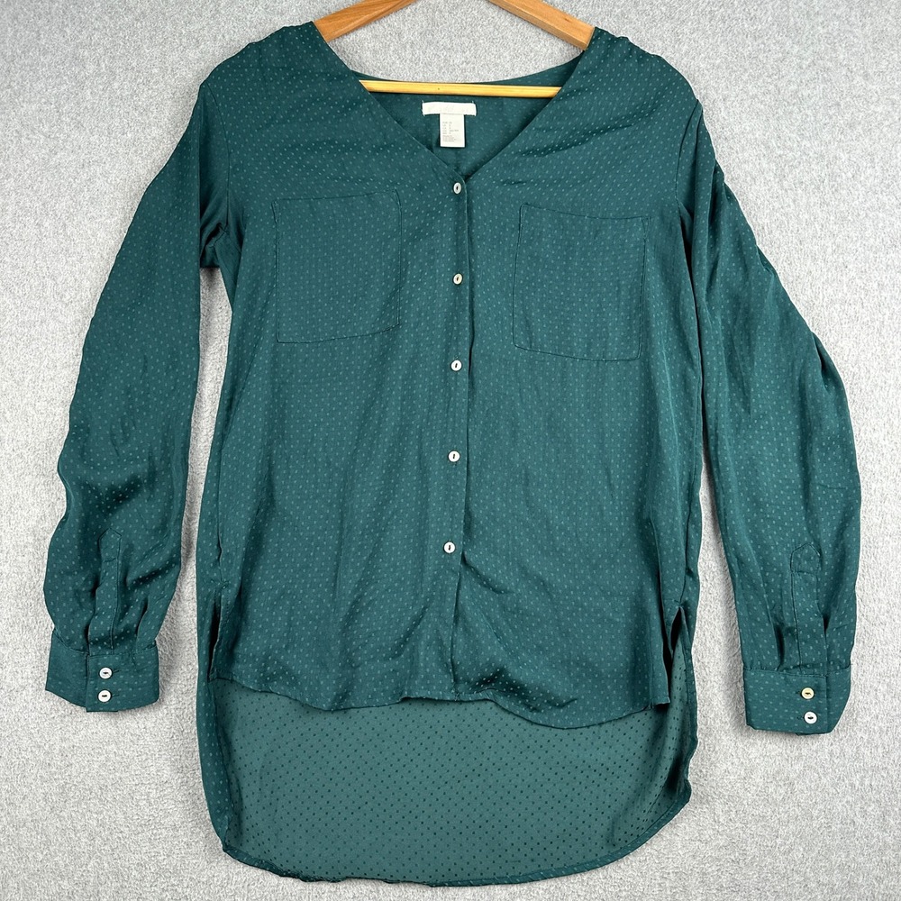 H&M Blouse Womens 2 Button Down Green Dobby Dot High Low Hem Top